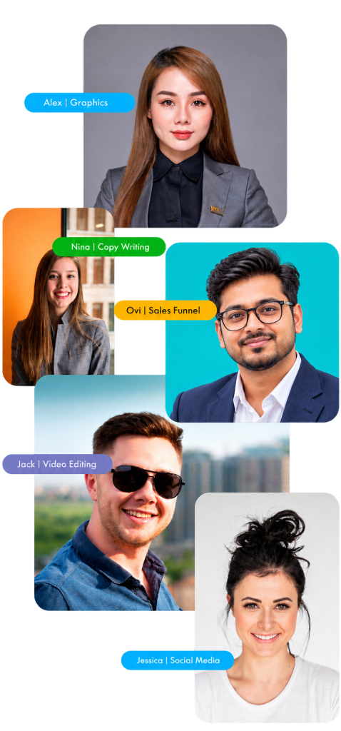 DAA Team: Alex (Graphics), Nina (Copy Writing), Ovi (Sales Funnel), Jack (Video Editing), Jessica (Social Media)